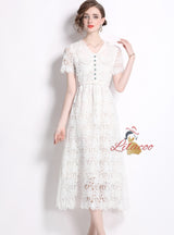 Women Lace Short Sleeve Doll Collar Dress