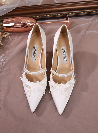 Thin-heeled Pointed White Pearl Shoes