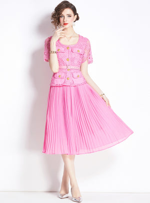 Short-sleeved Slim Waist Pleated Dress