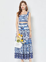 Porcelain Printed Top+Pleated Skirt Two-Piece Suit