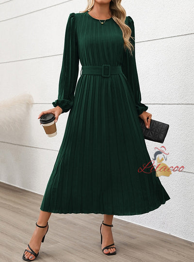 Long Sleeve Pleated Round Neck High Waist Dress