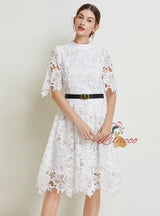 Spliced Lace Slim Waist Solid Color Dress