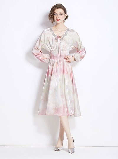 Halo-dyed Lantern Sleeve V-neck Dress