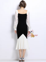 Square Neck Contrast Stitching Slim Dress