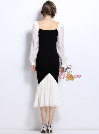 Square Neck Contrast Stitching Slim Dress