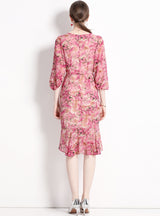 Fishtail Floral Lantern Sleeve Slim Dress