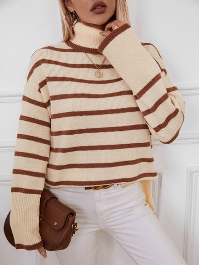 Lapel Striped High Neck Sweater