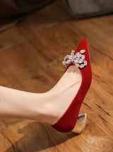 Thick Suede Bow Rhinestone Red Banquet Wedding Shoes