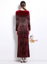 Velvet Rhinestone Long Sleeve Slim Dress