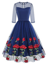 Round Neck Gauze Rose Embroidery Retro Dress