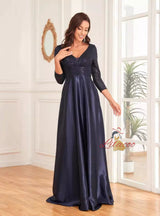 Navy Blue Sequins V-neck Prom Dress