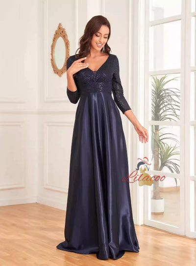 Navy Blue Sequins V-neck Prom Dress