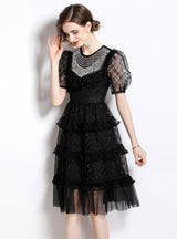 Beaded Gauze Slim Short Sleeve Dress