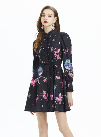 Printed Long-sleeved Ruffled Dress