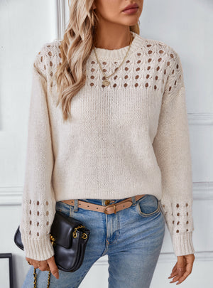 Hollow Pullover Solid Color Round Neck Sweater