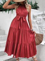 Solid Color Long Pleated Halter Dress