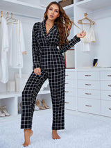 Plaid Long Sleeve Deep V-neck Two-piece Suit