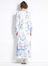 Printed V-neck Slim Long Dress