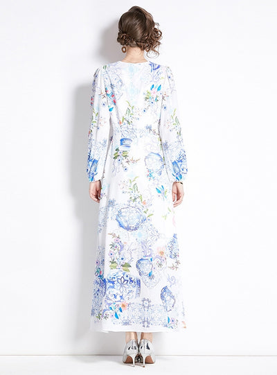 Printed V-neck Slim Long Dress