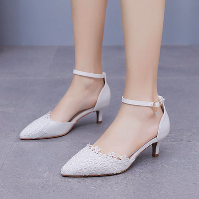 5 cm Thin Heel Pointed White Lace Wedding Shoes