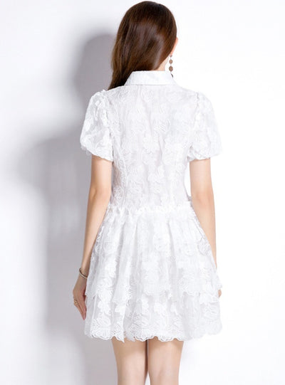 White Embroidered Bubble Sleeve Dress