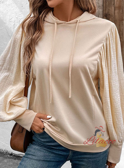 Pullover Hooded Spliced Bubble Sleeve Top