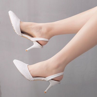 Pointed White Pearl Stiletto Heels Sandals