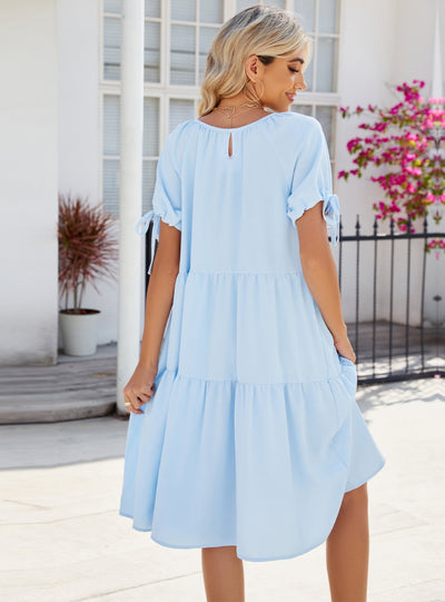 Round Neck Pleated Short Sleeve Dress