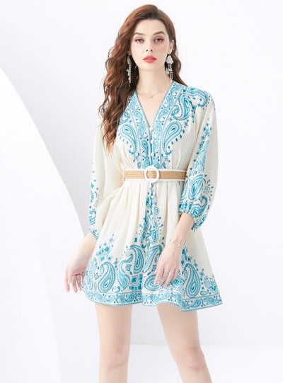 Palace Lantern Sleeve Printed Short Mini Dress