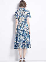 Retro Blue and White Ink Print Short Sleeve Slim Dress