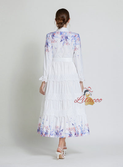 Bohemian Lapel Lantern Sleeve Long Printed Dress