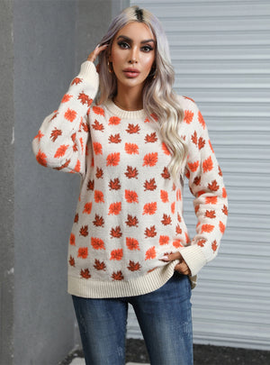 Leaves Print Christmas Crewneck Sweater