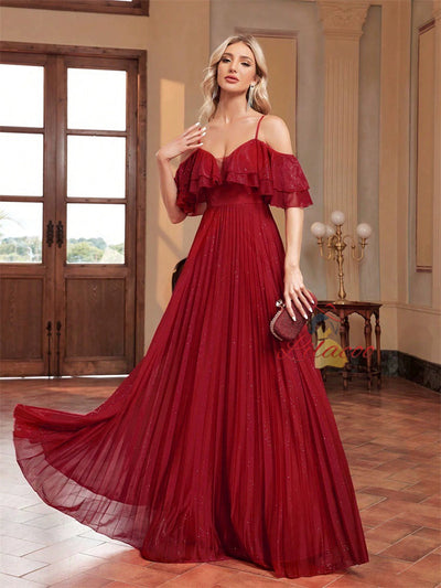 Red Spaghetti Straps Pleats Prom Dress