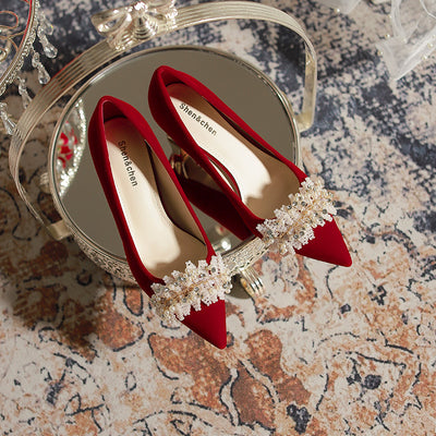 Thick-heeled Pointed Red Wedding Shoes