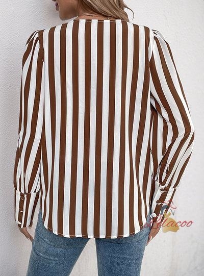 V-neck Single-breasted Striped Long-sleeved Shirt