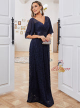 Navy Blue Lace V-neck Prom Dress