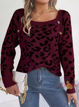 Button Bump Color Leopard Long Sleeve Sweater