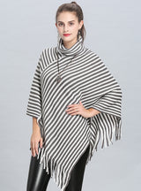 Loose Striped Fringed Turtleneck Cape Shawl