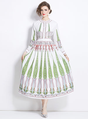 Round Neck Long Sleeve Pleated Printed Dress