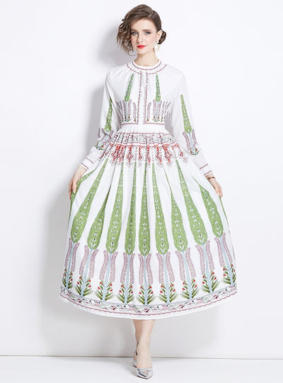 Round Neck Long Sleeve Pleated Printed Dress