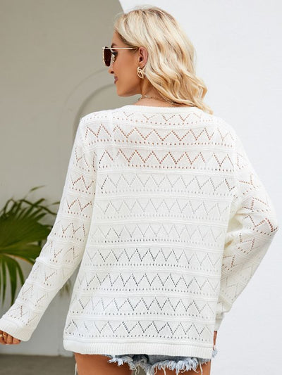 Loose Round Neck Hollow Knitted Long-sleeved Top