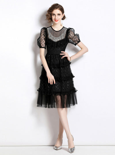 Beaded Gauze Slim Short Sleeve Dress