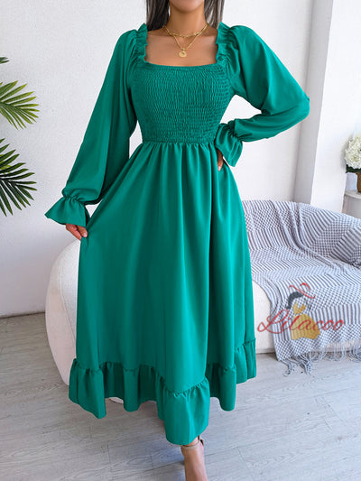 Leisure Square Collar Big Swing Long Dress