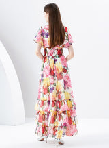 V-neck Flared Sleeve Printed Long Dress