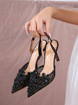 Women Pearl Lace High-heeled Sandals