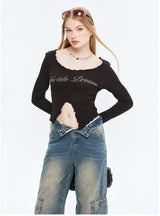 Low Collar Short Long Sleeve T-shirt top