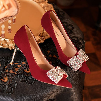 Red High Heels Pointed Stilettos Bows Shoes