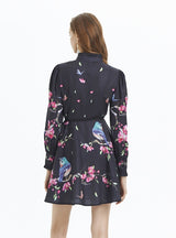 Printed Long-sleeved Ruffled Dress