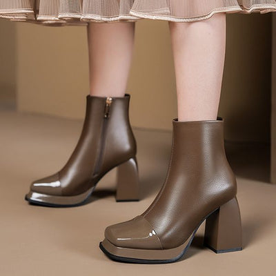 Square-toe Thick-heel Spliced Leather Booties