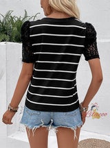 Retro Lace Bubble Sleeve Striped T-shirt